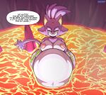  anthro anthro_pred areola big_breasts blaze_the_cat breasts dialogue digestion digestion_noises domestic_cat english_text felid feline felis female female_pred forehead_gem foxynoms hi_res huge_belly lava lava_bath mammal navel nipples partially_submerged sega solo sonic_the_hedgehog_(series) speech_bubble talking_to_viewer text vore 