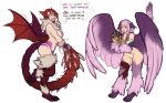  avian braided_hair breasts clothing dialogue digital_media_(artwork) duo english_text european_mythology feathered_wings feathers female greek_mythology hair harpy humanoid manticore_(mge) membrane_(anatomy) membranous_wings monster_girl_(genre) monster_girl_encyclopedia mythological_avian mythology nipples on_one_leg pink_hair red_hair sabrith_ebonclaw shysiren smile standing surprise talons tattoo tayelle_ebonclaw text torn_clothing transformation wings 