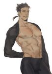  1boy abs arm_behind_back bara bare_pectorals black_hair bulge facial_hair feet_out_of_frame goatee groin large_pectorals looking_to_the_side male_focus mature_male muni_(fdrk) muscular muscular_male navel nipples original pectorals short_hair short_ponytail shrug_(clothing) sideburns solo standing stomach unfinished 
