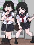  2girls black_eyes black_hair black_socks broom broom_guitar bulletin_board commentary_request fang fukuro_(fxxk_law) holding holding_broom loafers long_hair medium_hair miniskirt multiple_girls open_mouth original pleated_skirt school_uniform serafuku shoes skirt smile socks unconventional_guitar 