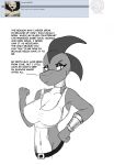  2018 anthro belt big_breasts bracelet breasts choker clothing dark_june_(justathereptile) dialogue digital_media_(artwork) english_text female fist_pump grey_body grey_scales grey_skin greyscale herm_(lore) hi_res jewelry justathereptile komodo_dragon lizard looking_at_viewer monitor_lizard monochrome narrowed_eyes necklace non-mammal_breasts questions_and_answers reptile scales scalie scutes shirt simple_background solo tank_top text topwear watermark 
