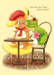  ;d aimi_(aimia492) alolan_raichu beret blue_eyes blush brick_floor cake chair commentary_request cup drink drinking_straw english_text flower food green_eyes hat holding holding_tray ice_cream looking_at_viewer mint neckerchief no_humans one_eye_closed open_mouth pink_flower pokemon pokemon_(creature) profile red_headwear red_neckerchief shaymin shaymin_(land) simple_background sitting smile table tray whipped_cream yellow_background 