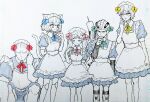  1girl 1other 3boys androgynous animal_ears apron arthropod_boy black_nails blue_bow bow bowtie cat_ears cat_tail closed_eyes green_bow hair_bow hair_slicked_back highres hunter_x_hunter joints juliet_sleeves kisaragi_02468 komugi_(hunter_x_hunter) long_earlobes long_hair long_sleeves looking_at_another maid maid_apron maid_day maid_headdress menthuthuyoupi meruem multiple_boys neferpitou partially_colored pink_bow puffy_sleeves red_bow shaiapouf short_hair sketch smile squatting stinger tail twintails white_background yellow_bow 
