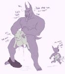  abdominal_bulge anthro belal_(himeros) big_dom_small_sub bodily_fluids bone canid canid_demon chibi claws cum cum_on_ground demon dialogue dominant duo dust_bunny genital_fluids grabbing_both_ears hellhound hi_res himerosthegod juni_(himeros) lagomorph leporid male male/male mammal muscular onomatopoeia rabbit simple_background size_difference sketch sound_effects text 
