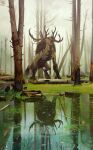  absurdres antlers artist_logo commentary dated deer_antlers english_commentary fiend_(witcher) fog highres monster monster_focus no_humans open_mouth outdoors reflection reflective_water solo the_witcher_(series) the_witcher_3 tree vangega water watermark 