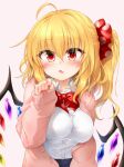  1girl ahoge alternate_costume blonde_hair blush bow bowtie crystal fang flandre_scarlet grey_background hair_between_eyes hand_up highres long_hair looking_at_viewer marukyuu_ameya nail_polish one_side_up open_mouth pink_sweater polka_dot polka_dot_bow red_bow red_bowtie red_eyes red_nails shirt simple_background skin_fang sleeves_past_wrists solo sweater touhou upper_body white_shirt wings 