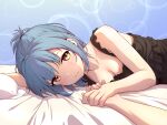  2girls babydoll bare_shoulders bed bed_sheet bedroom black_babydoll blue_hair blush breasts brown_eyes cleavage closed_mouth collarbone frilled_babydoll hair_ornament haori_haruki hickey highres himitsu_(hi_mi_tsu_2) holding_hands indoors lingerie looking_at_viewer lying multiple_girls on_bed on_side original pillow pov pov_hands short_hair short_ponytail smile star_(symbol) star_hair_ornament underwear yuri 