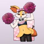  2022 accessory anthro bottomless bottomwear bow_(feature) bow_accessory bow_ribbon brai-brai_(fulconarts) braixen breasts centered_hair_bow cheek_tuft cheerleader clothed clothing cute_expression cute_eyes digital_media_(artwork) facial_tuft female fluffy front_view fulconarts generation_6_pokemon genitals hair_accessory hair_bow hair_ribbon hi_res looking_at_viewer neck_tuft nintendo nipple_slip nipples pokemon pokemon_(species) pom_poms pussy ribbons short simple_background skirt slim small_breasts small_waist smile smiling_at_viewer solo tuft uniform 