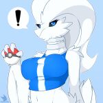  ! 1girl artist_name black_sclera blue_background blue_eyes blue_shirt breasts closed_mouth colored_sclera crop_top drakeraynier(artist) expressionless furry furry_female highres large_breasts long_hair looking_at_viewer midriff navel poke_ball pokemon reshiram shirt simple_background sleeveless solo spoken_exclamation_mark upper_body white_hair 