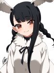  1girl bird_girl bird_wings black-headed_ibis_(kemono_friends) black_bow black_bowtie black_hair black_shirt blush bow bowtie braid brown_eyes coat fur_collar hatagaya head_wings kemono_friends long_hair long_sleeves looking_at_viewer shirt sidelocks smile solo twin_braids white_coat white_fur wings 