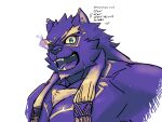  1boy :d animal_ears bara cat_day chest_hair cropped_torso flaming_eye forked_eyebrows furry furry_male happy highres jaguar_boy jaguar_ears jaguar_tail large_pectorals long_hair looking_at_viewer male_focus mature_male muscular muscular_male one_eye_covered pectorals purple_theme saro_(rotsw_00022) sharp_teeth slit_pupils smile solo tail teeth tezcatlipoca_(housamo) thick_eyebrows tokyo_afterschool_summoners translation_request 