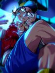  1boy adjusting_eyewear baseball_cap blue_shorts brown_hair collarbone crossed_legs flipped_hair fur_trim glasses glowing grin hat highres jewelry male_focus manomarino mzd parted_lips pop&#039;n_music ring screen shorts smile solo vest 