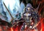  1girl armor breasts cleavage_cutout clothing_cutout crown elf fantasy fire gauntlets highres holding holding_shield holding_sword holding_weapon large_breasts long_hair looking_at_viewer original pandaraion_(kanikani2950) pauldrons pointy_ears purple_eyes purple_hair shield shoulder_armor sidelocks solo sword weapon 