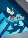  ^_^ afloat arc_draws closed_eyes commentary_request cutiefly highres no_humans open_mouth pokemon pokemon_(creature) pool red_eyes sharp_teeth teeth totodile water 