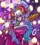  1girl alternate_costume artist_name bare_shoulders blue_hair closed_mouth club_(weapon) curled_horns earrings flower hair_flower hair_ornament hair_stick holding holding_smoking_pipe holding_weapon hoop_earrings horns japanese_clothes jewelry long_hair looking_at_viewer melonciutus multicolored_hair multicolored_horns oiran one_piece oni oni_horns orange_eyes outdoors smile smoking_pipe solo traditional_clothes weapon white_hair yamato_(one_piece) 
