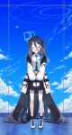  &lt;key&gt;_(robot)_(blue_archive) 1girl absurdly_long_hair absurdres aris_(blue_archive) black_hair blue_archive blue_necktie blue_sky closed_eyes cloud halo handheld_game_console highres iamahri1994 long_hair necktie pleated_skirt shoes side_ponytail skirt sky socks very_long_hair 