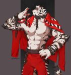  1boy abs absurdres arknights bara broken broken_chain chain claws dodongchives furry furry_male highres looking_at_viewer mountain_(arknights) multiple_scars pectorals prison_clothes profile restraints scar scar_across_eye scar_on_arm scar_on_face shirt striped tiger_boy topless_male white_shirt 