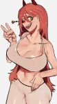  1girl alternate_breast_size blush breasts brown_hair chainsaw_man cross-shaped_pupils hair_between_eyes hand_on_hip horns large_breasts long_hair looking_at_viewer mano_(manobece) midriff one_eye_closed open_mouth power_(chainsaw_man) red_horns sharp_teeth simple_background smile solo sports_bra symbol-shaped_pupils teeth v white_background yellow_eyes 