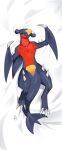  absurdres bed_sheet brown_eyes closed_mouth commission dakimakura_(medium) difman fins fish_tail full_body garchomp highres looking_at_viewer lying no_humans on_back pokemon pokemon_(creature) shark_tail signature solo spikes tail 