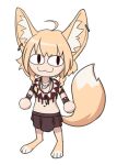  &lt;|&gt;_&lt;|&gt; 1girl :3 ahoge animal_ear_piercing animal_ears animal_feet blonde_hair brown_skirt chibi commentary english_commentary fox_ears fox_girl fox_tail jewelry khiara_(personal_ami) long_hair looking_at_viewer midriff navel necklace neco-arc parody personal_ami simple_background skirt solo standing style_parody tail tsukihime white_background 