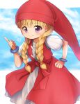  1girl bangs blonde_hair blue_sky blunt_bangs blush bracelet braid closed_mouth cloud commentary_request dragon_quest dragon_quest_xi dress emurin feet_out_of_frame hair_over_shoulder hat highres jewelry layered_dress long_hair looking_at_viewer puffy_short_sleeves puffy_sleeves purple_eyes red_dress red_headwear short_sleeves sky smile solo twin_braids veronica_(dq11) white_dress 