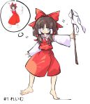  1girl ? barefoot bow brown_eyes brown_hair closed_mouth detached_sleeves dress fangs frilled_dress frills full_body hair_bow hair_tubes hakurei_reimu highres holding holding_stick long_sleeves medium_hair primsla red_bow red_dress reference_inset simple_background smile solo sparkle speech_bubble stick touhou white_background white_sleeves 