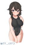  1girl absurdres alternate_costume black_hair black_one-piece_swimsuit blush breasts brown_hair competition_swimsuit covered_navel cowboy_shot grey_eyes hair_between_eyes hayasui_(kancolle) highleg highleg_swimsuit highres kantai_collection large_breasts looking_at_viewer multicolored_clothes multicolored_swimsuit one-piece_swimsuit short_hair simple_background smile solo swimsuit tf_cafe twitter_username two-tone_swimsuit white_background white_one-piece_swimsuit 