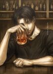  1boy absurdres alcohol alternate_costume black_hair chiruchiru grey_eyes half-closed_eyes highres jitome levi_(shingeki_no_kyojin) male_focus pub shingeki_no_kyojin shirt short_hair sitting solo t-shirt translation_request upper_body wine 