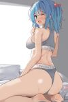  1girl ;o ass blue_eyes blue_hair blush bra commentary full_body grey_bra grey_pants hair_bobbles hair_ornament highres indoors kamukamu_(ars) kawashiro_nitori looking_at_viewer on_bed one_eye_closed pants pillow seiza sitting solo touhou two_side_up underwear 
