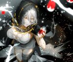  1girl asymmetrical_legwear breasts cleavage cloak code_vein dress hair_between_eyes highres holding hood hooded_cloak io_(code_vein) large_breasts ruo_candyyyy short_hair solo tree white_dress white_hair yellow_eyes 