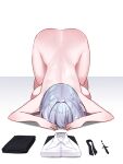  1girl ass backboob breasts clothes_removed commentary_request completely_nude dogeza face_down folded_clothes grey_hair highres large_breasts mixed-language_commentary myanja naked_dogeza nude original partial_commentary short_hair solo top-down_bottom-up 