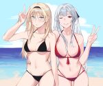  2girls absurdres ak-12_(girls&#039;_frontline) an-94_(girls&#039;_frontline) arm_around_waist arm_up beach bikini black_bikini black_hairband blonde_hair blue_eyes blue_sky blush breasts cleavage closed_mouth cloud collarbone cowboy_shot day front-tie_bikini_top front-tie_top girls&#039;_frontline grey_hair hair_between_eyes hairband hand_on_another&#039;s_waist highres kavni large_breasts long_hair looking_at_viewer medium_breasts multi-strapped_bikini_bottom multiple_girls navel ocean one_eye_closed purple_eyes red_bikini shore side-by-side sky smile string_bikini swimsuit v 