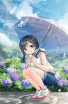  1girl amano_hina_(tenki_no_ko) artist_name bare_legs black_choker black_hair blue_eyes blue_shorts choker closed_mouth cloud commentary day flower full_body highres holding holding_umbrella hood hoodie hydrangea long_hair looking_at_viewer low_twintails outdoors puddle rain rainbow shorts signature sky sleeveless sleeveless_hoodie smile solo squatting tenki_no_ko teruterubouzu transparent transparent_umbrella twintails umbrella wet_floor white_hoodie yoli-chan 