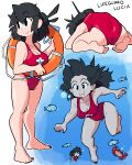  1girl ass bare_legs barefoot black_eyes black_hair black_nails breasts character_name cleavage crab fish highres innertube lifeguard long_hair lucia_(scott_malin) medium_breasts multiple_views one-piece_swimsuit original outline red_one-piece_swimsuit scott_malin shadow speech_bubble swimsuit underwater white_outline 