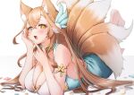  1girl animal_ear_fluff animal_ears aqua_dress armlet bare_shoulders barefoot blonde_hair blue_eyes blush breasts collar commission dress feet_up fox_ears fox_girl fox_tail hair_between_eyes hair_ornament hands_on_own_face heterochromia highres kitsune kyuubi large_breasts long_hair looking_at_viewer lying multiple_tails nail_polish open_mouth original simple_background skoll_world solo tail white_background yellow_eyes 