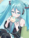  1girl absurdres aqua_eyes aqua_hair aqua_nails aqua_necktie baozi bare_shoulders black_skirt black_sleeves black_thighhighs collared_shirt detached_sleeves eating food food_on_face grey_shirt hair_between_eyes hair_ornament hatsune_miku headphones headset highres holding holding_food long_hair looking_at_viewer microphone necktie number_tattoo pleated_skirt shirt shoulder_tattoo sitting skirt solo tattoo thighhighs twintails vocaloid vs0mr zettai_ryouiki 