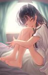  1girl :o absurdres bare_legs barefoot bed_sheet black_hair blush closed_eyes hand_on_own_hip head_tilt highres idolmaster idolmaster_shiny_colors indoors knees_up mayuzumi_fuyuko misanga_(hxjd5354) naked_shirt on_bed shirt shirt_on_shoulders sitting solo sunlight sweatdrop toes tongue tongue_out two_side_up white_shirt 