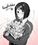  1boy 5saiji absurdres birthday blush bouquet closed_mouth collared_shirt dated fate/zero fate_(series) flower gradient_background greyscale happy_birthday highres holding holding_bouquet long_sleeves looking_at_viewer male_focus monochrome shirt signature simple_background solo streamers upper_body waver_velvet 