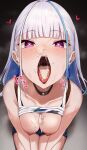  1girl bare_shoulders blue_hair blunt_bangs blush breasts choker cum cum_in_mouth cum_in_nose cum_on_body cum_on_breasts earrings heart heart-shaped_pupils highres hime_apple jewelry lize_helesta long_hair looking_at_viewer multicolored_hair nijisanji nipples nose_bubble open_mouth purple_eyes sitting solo stray_pubic_hair symbol-shaped_pupils two-tone_hair virtual_youtuber white_hair 