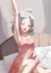  1girl ahoge arm_up bed elf highres indoors looking_at_viewer medium_hair mushoku_tensei nightgown on_bed one_eye_closed open_mouth pink_nightgown pointy_ears red_eyes solo stretching syagare sylphiette_(mushoku_tensei) waking_up white_hair 