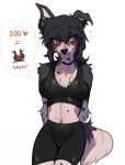  anthro black_body black_fur black_hair blush blush_lines canid canine clothed clothing countershade_body countershade_face countershade_tail countershading female fur hair hi_res long_hair looking_aside mammal multicolored_body multicolored_fur navel orange_eyes pivoted_ears simple_background solo soureggnog species_request spots strip_meme tail tuft twitter white_background white_body white_fur 