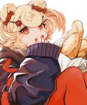  1girl :t absurdres animal_ears arknights baguette black_coat blonde_hair blush bread closed_mouth coat feet_out_of_frame food gummy_(arknights) hair_ornament hairclip hand_on_own_face highres looking_at_viewer pantyhose red_eyes red_nails red_pantyhose shitoro short_hair sitting sleeves_past_wrists solo white_background 