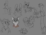  anthro bodily_fluids bottomless butt canid canine clothed clothing dewlap_(anatomy) disney eyewear female food fox fruit glasses grey_background group lagomorph leporid male mammal mustelid otter plant pumpkin rabbit robin_hood simple_background sketch skye_(zootopia) sweater tears tggeko tools topwear violet_hopps wrench zootopia 