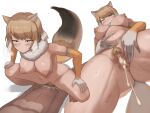  1boy 1girl after_sex after_vaginal animal_ears ass barefoot blush bouncing_breasts breasts breath brown_hair cowgirl_position cum cum_in_pussy cumdrip detached_collar elbow_gloves extra_ears female_pubic_hair fox_ears fox_girl fox_tail from_below fur_collar girl_on_top gloves grey_hair half-closed_eyes hand_on_own_stomach hetero highres kemono_friends large_breasts leaning_forward legs_apart light_brown_hair looking_at_another looking_down medium_hair motion_lines multicolored_hair navel nipples nude parted_lips pubic_hair pussy sex shibori_kasu simple_background stomach straddling sweat swept_bangs tail tibetan_fox_(kemono_friends) toes tsurime two-tone_hair uncensored white_background yellow_eyes 