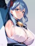  1girl ako_(blue_archive) armpits bell blue+ blue_archive blue_hair bow breasts cleavage covered_nipples cowbell hair_bow halo hand_up heart heart-shaped_pupils highres kakerayuri large_breasts medium_hair neck_bell shirt sideboob sleeveless sleeveless_shirt sweat symbol-shaped_pupils unbuttoned unbuttoned_shirt upper_body white_shirt 