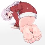  1girl absurdres all_fours bare_legs barefoot blush clara_(honkai:_star_rail) feet foot_focus grey_hair highres honkai:_star_rail honkai_(series) iberiko_(soinesitai) long_hair looking_at_viewer open_mouth red_eyes soles solo toenails toes white_background 