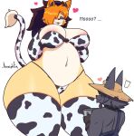  &lt;3 absurd_res animal_print animal_print_bikini anthro areola areola_slip big_breasts bikini black_body black_fur bottom_heavy breasts brown_body brown_fur canid canine canis cleavage clothed clothing cow_print cow_print_bikini cow_print_elbow_gloves cow_print_thighhighs curvy_figure cute_fangs duo eye_contact farmer female fox fur hair hair_over_eye hat headgear headwear hearts_around_head hi_res huge_breasts jhenightfox julie_(jhenightfox) larger_female looking_at_another male mammal naughty_face navel one_eye_obstructed orange_hair pattern_bikini pattern_clothing pattern_swimwear raised_tail rod_(r_96) simple_background size_difference smaller_male standing swimwear tail tail_tuft thick_thighs tuft voluptuous white_background wide_hips wolf 