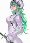  1girl bleach breasts closed_mouth expressionless facial_hair from_side gloves green_hair hair_between_eyes highres holding holding_sword holding_weapon large_breasts long_hair long_sleeves looking_ahead mask mask_on_head nelliel_tu_odelschwanck shirt simple_background skull_mask solo standing sword ui_1231 upper_body weapon white_background white_gloves white_shirt yellow_eyes 