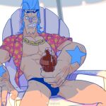  1boy abs arm_hair bara bare_back beckoning blue_hair blue_male_swimwear chain_necklace cola eyewear_on_head feet_out_of_frame foam franky_(one_piece) grin hawaiian_shirt highres jewelry killuaz1130 large_hands large_pectorals male_focus male_swimwear manspreading muscular muscular_male necklace one_piece open_clothes open_shirt oversized_forearms oversized_limbs pectorals raised_eyebrow shirt sitting smile solo sunglasses swim_briefs thighs 