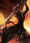  angry anthro armor canid canine canis chainmail dramatic female fire hi_res humanoid kaislair knight leather mammal melee_weapon metal solo sword warrior weapon wolf yuki_(blackinkwolf) 